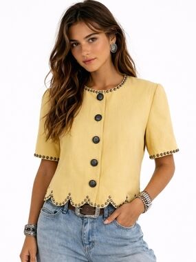 Vintage Double D Ranch Padded Shoulder Studded Western Jacket In Yellow S